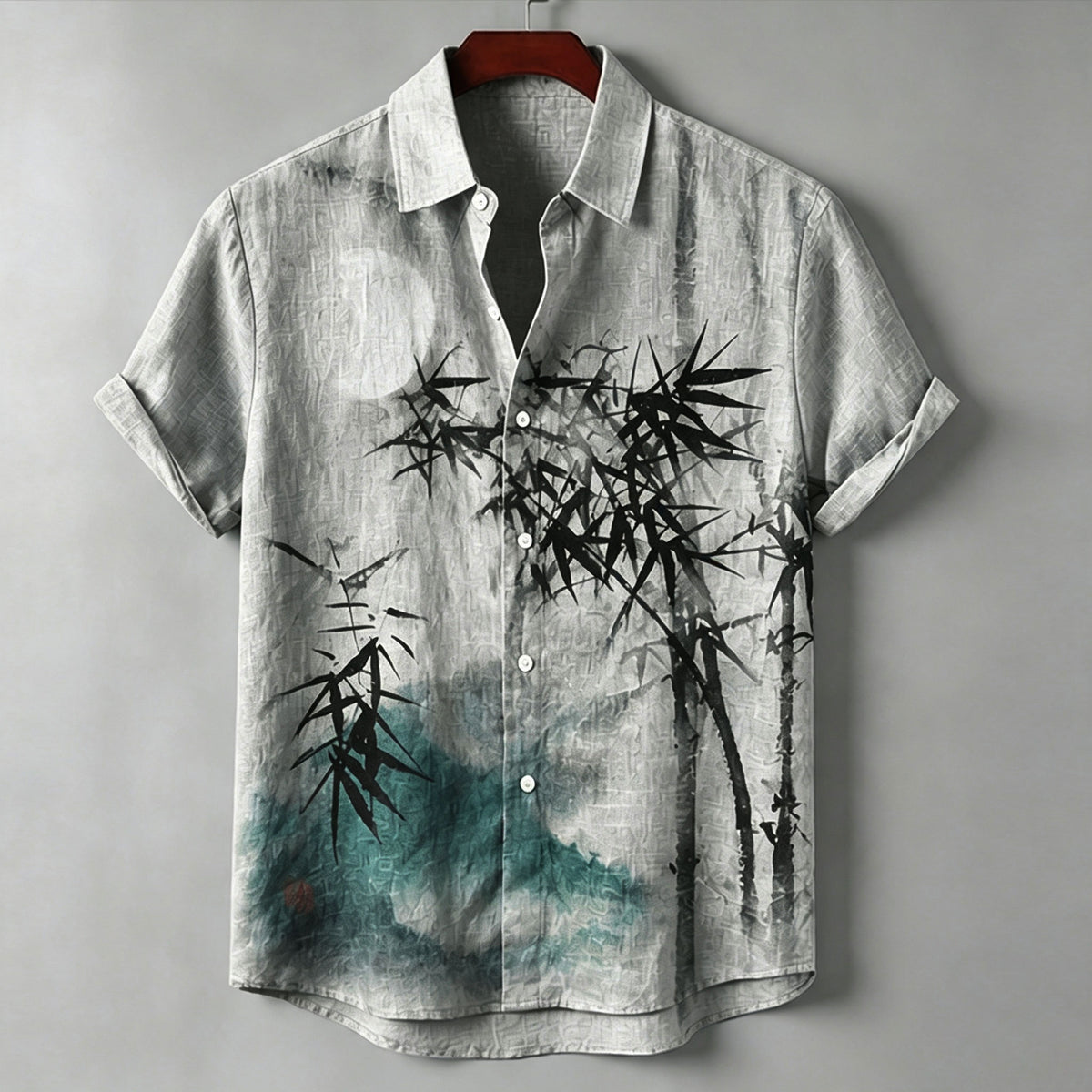 Men's Vintage Oriental Art  Ink Bamboo Moon Landscape Print Linen Short Sleeve Button Down Shirt