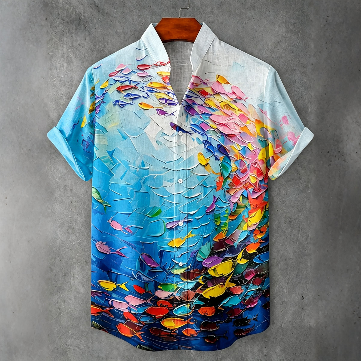 Vintage Japanese Fish Art Painting Button Casual Linen Shirt