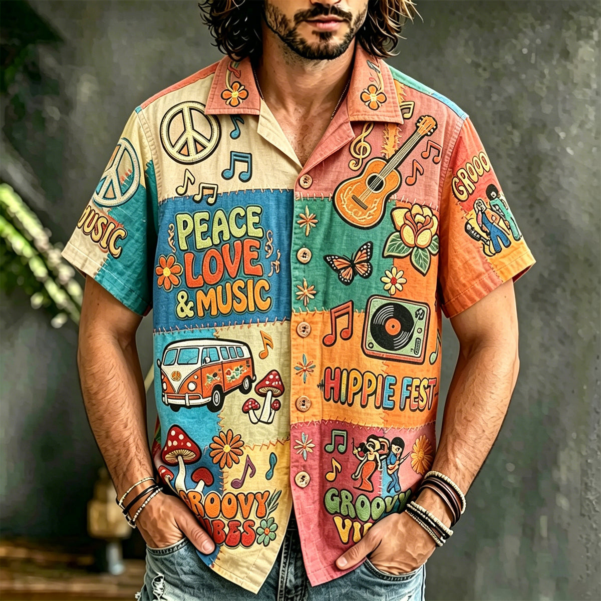 Men's Hippie Style Peace Love Music Patchwork Art Print Casual Shirt