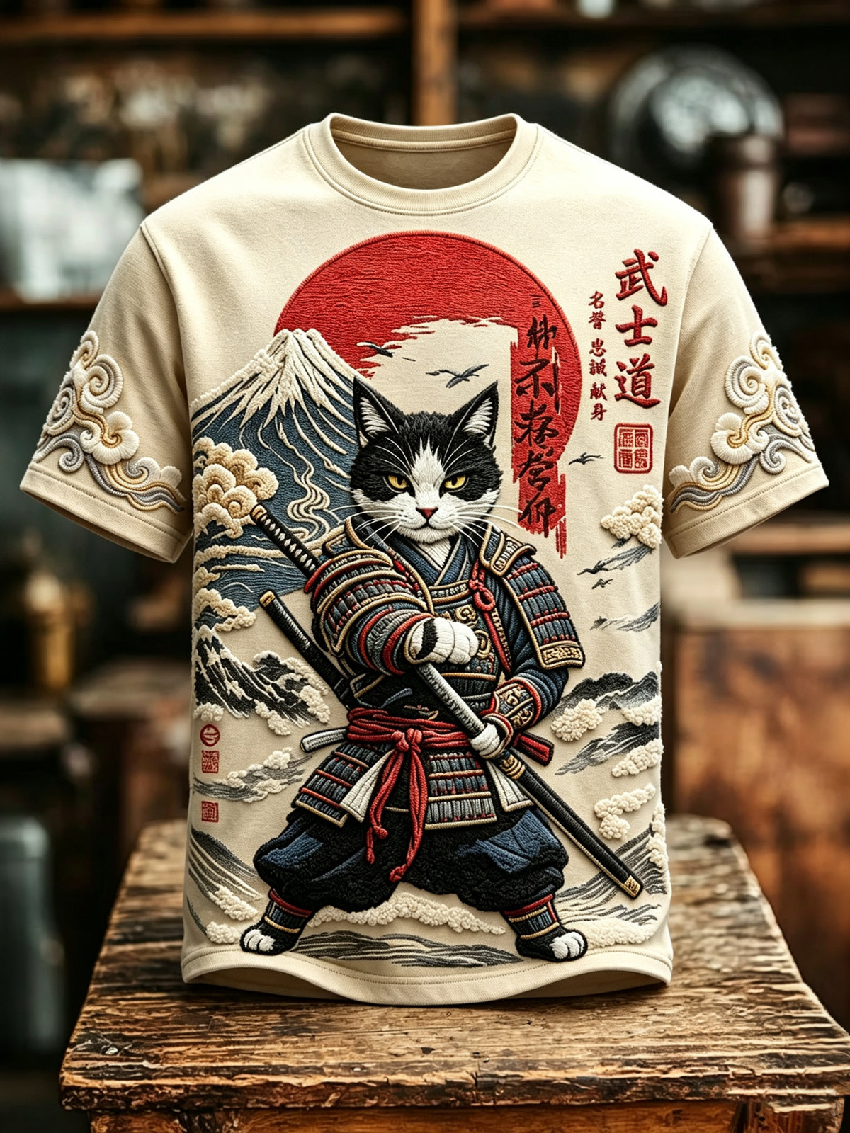 Men's Japanese Art Samurai Cat Print Short-sleeve T-shirt