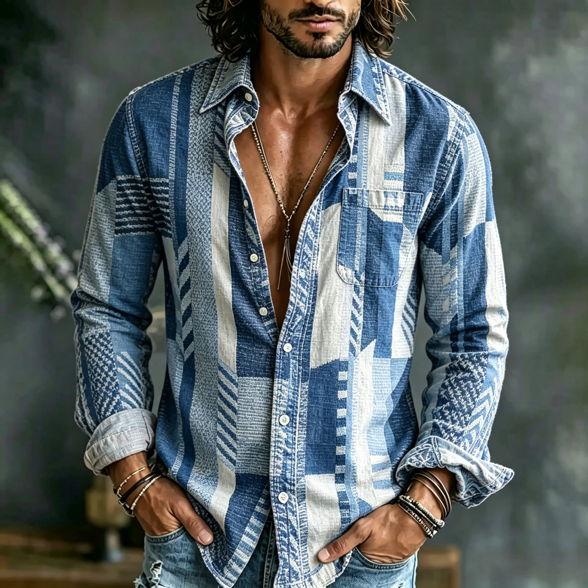 Men's Retro Geometric Art Print Linen Blend Long-sleeve Shirt