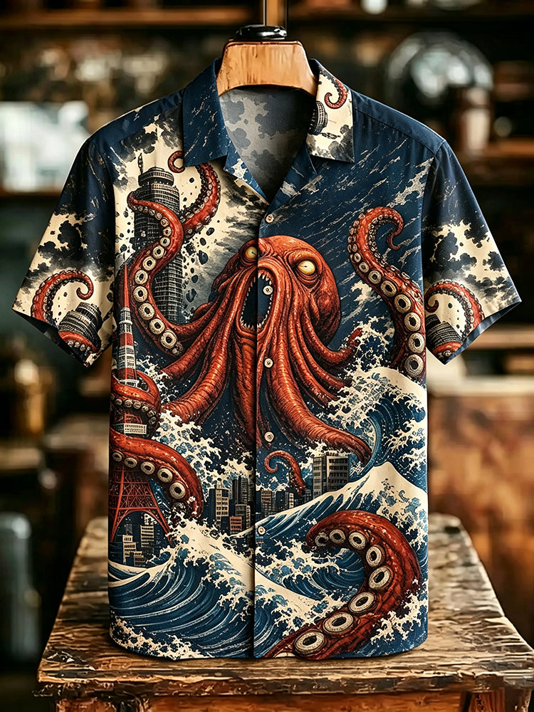 Men's Retro Japanese Octopus Print Linen Blend Shirt