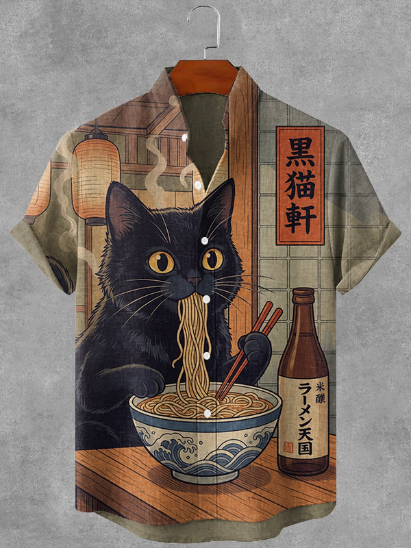 Vintage Black Cat Eating Noodles Art Print Casual Linen Shirt