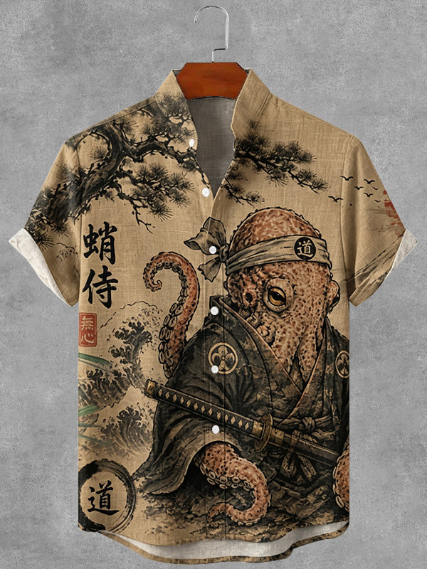 Vintage Japanese Ukiyo-e Art Print Button Casual Linen Shirt
