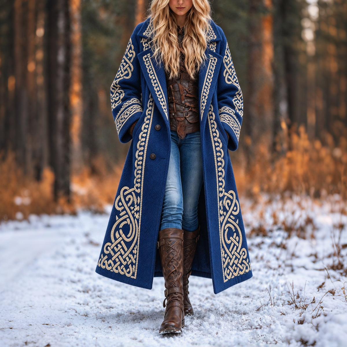 Women's Vintage Viking Celtic Knot Art Long Wool Coat