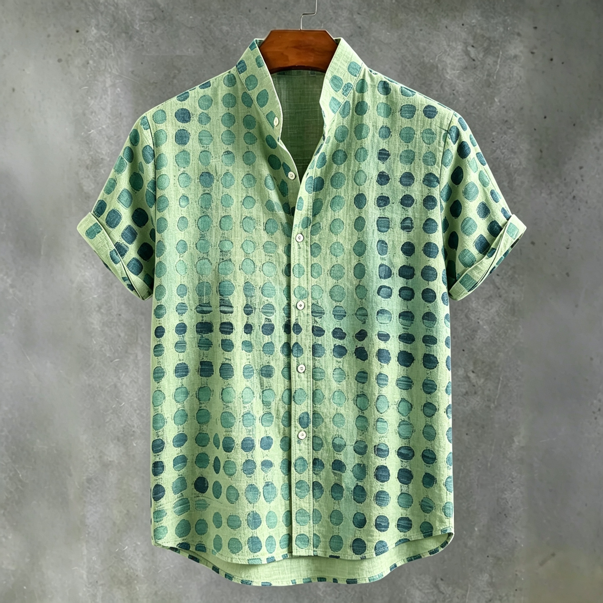 Abstract 70s Hippie Gradient Teal‑blue Distressed Oval‑dot Art Print Men's Short Sleeve Button Up Shirt