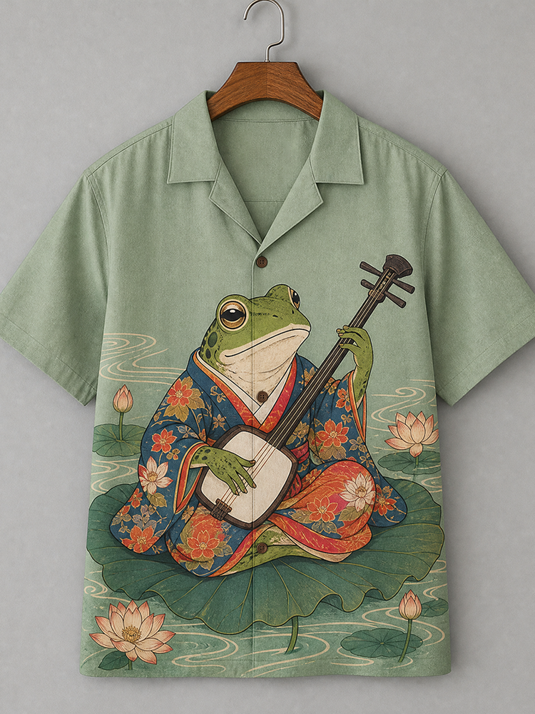 Men's Sage Green Traditional Frog Playing Shamisen Lotus Print Short Sleeve Shirt