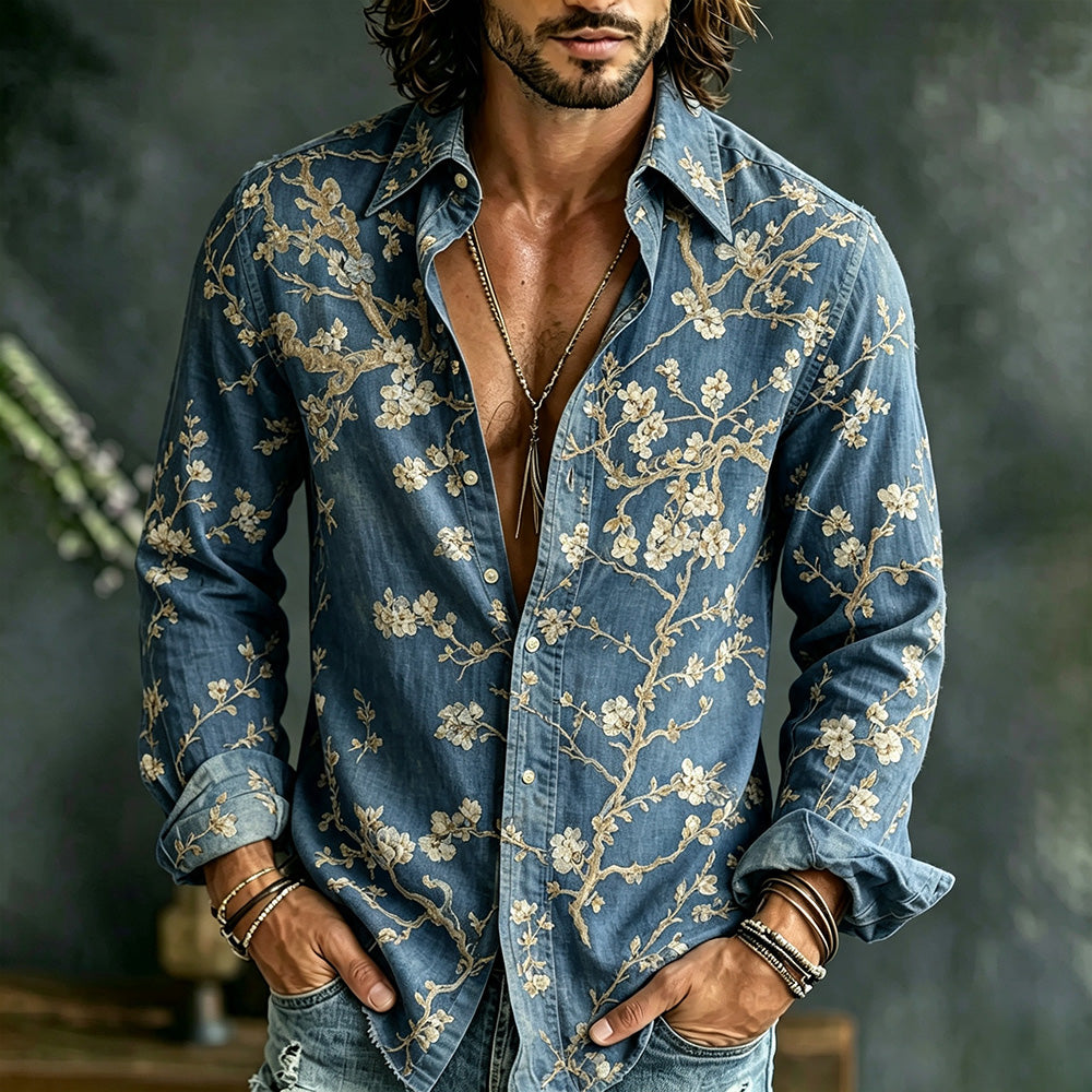 Men's Vintage Cherry Blossom Art Romantic Print Casual Linen Blend Long Sleeve Shirt
