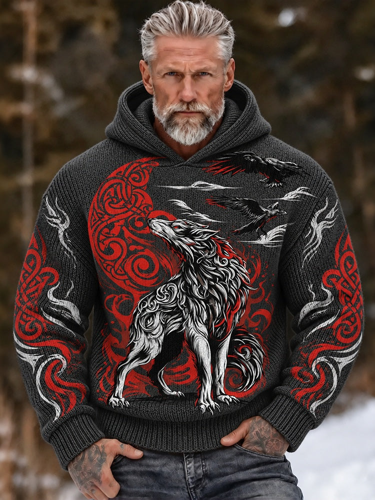 Men's Vintage Viking Wolf And Celtic Knot Print Warm Knitted Hooded Sweater