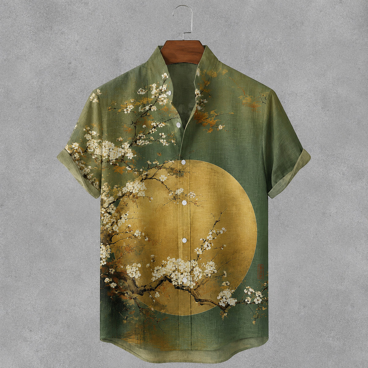 Men's Retro Japanese Floral And Moon Art Print Short Sleeve Shirt