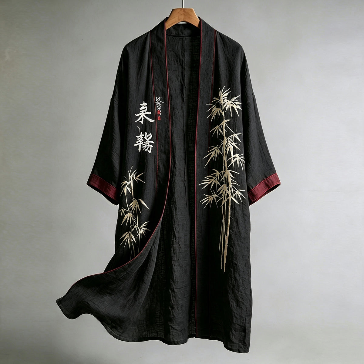 Retro Japanese Bamboo Art Pattern Casual Linen Long Kimono Cardigan