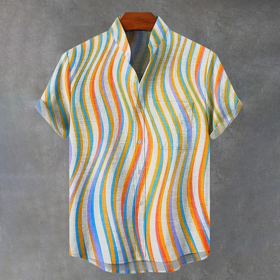 Men's Abstract Art Line Print Linen Blend Short-sleeve Shirt