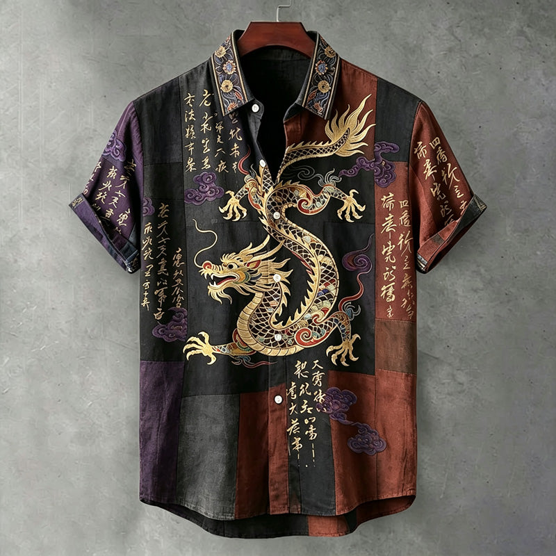 Men's Vintage Japanese Calligraphy Dragon Art Pattern Linen Blend Shirt