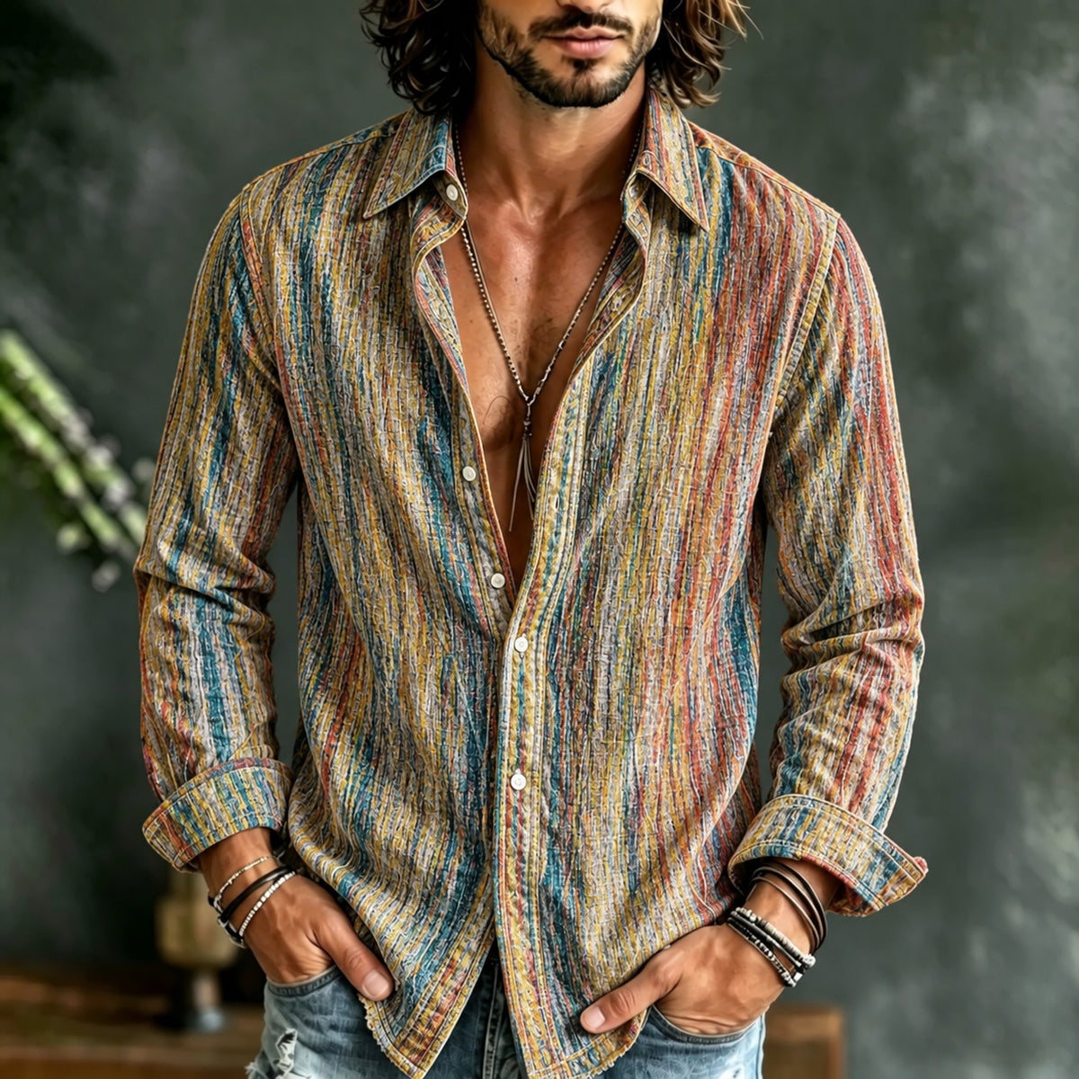 Men's Vintage Colorful Striped Art Print Long Sleeve Shirt