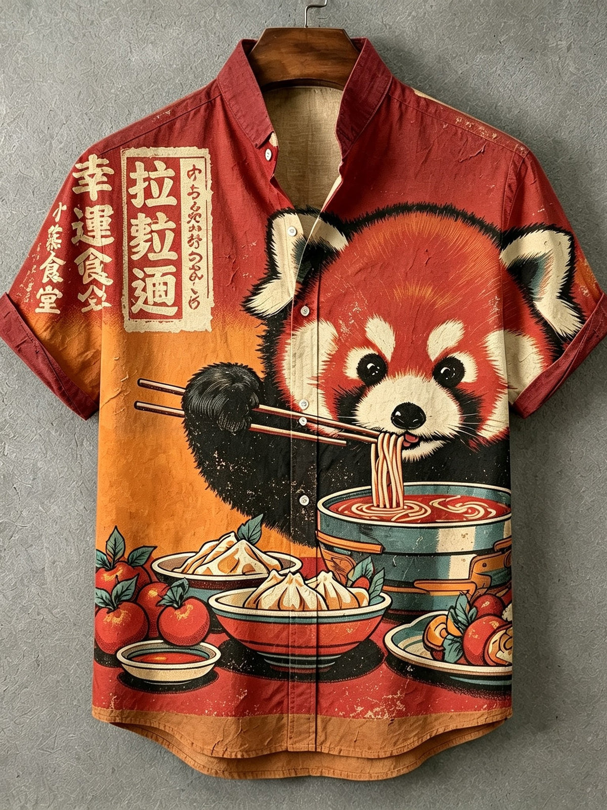 Men's Retro Japanese Art Red Panda Print Linen Shirt