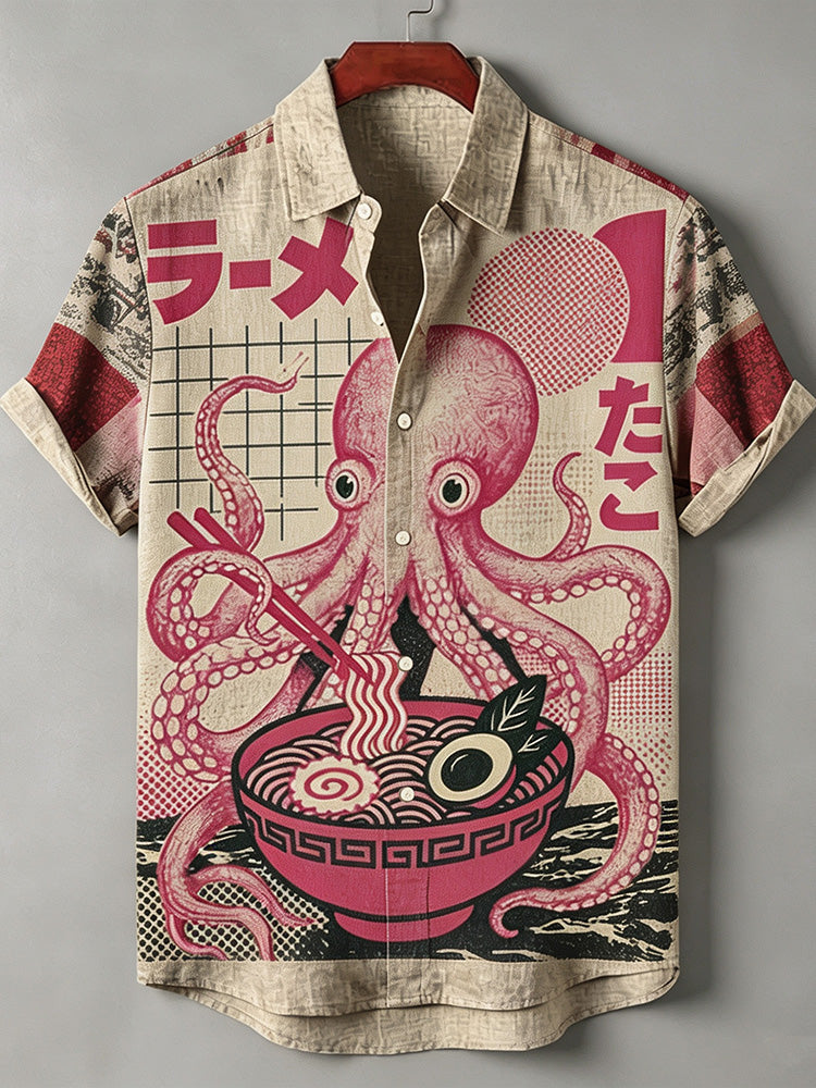 Men's Retro Japanese Ukiyo-e Octopus Ramen Pattern Print Casual Shirt