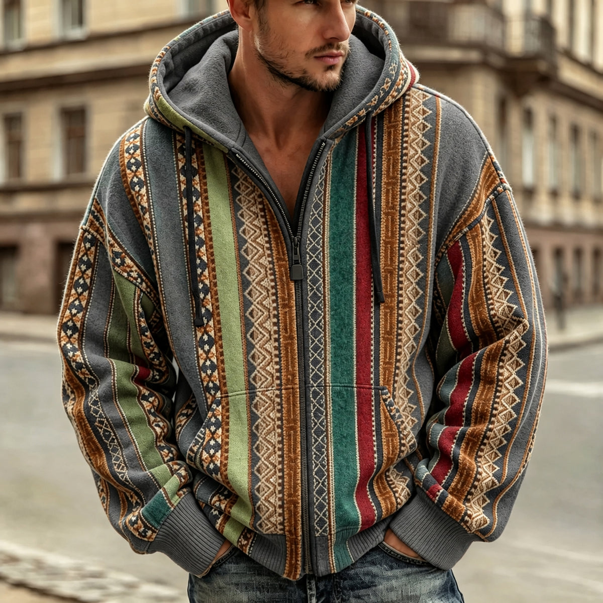 Men's Retro Geometric Ethnic Pattern Casual Warm Zip-up Hoodie