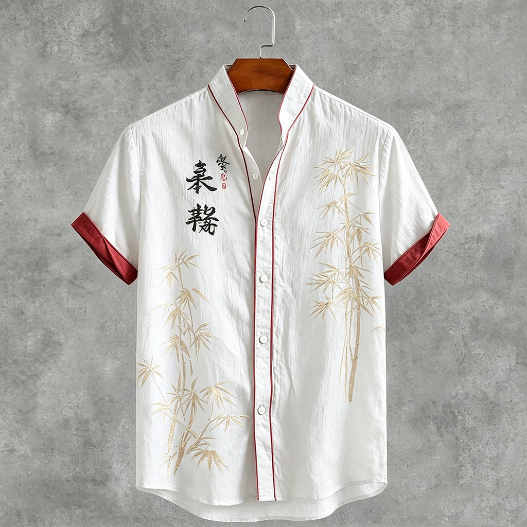Men's Japanese Bamboo And Calligraphy Pattern Casual Linen Shirt