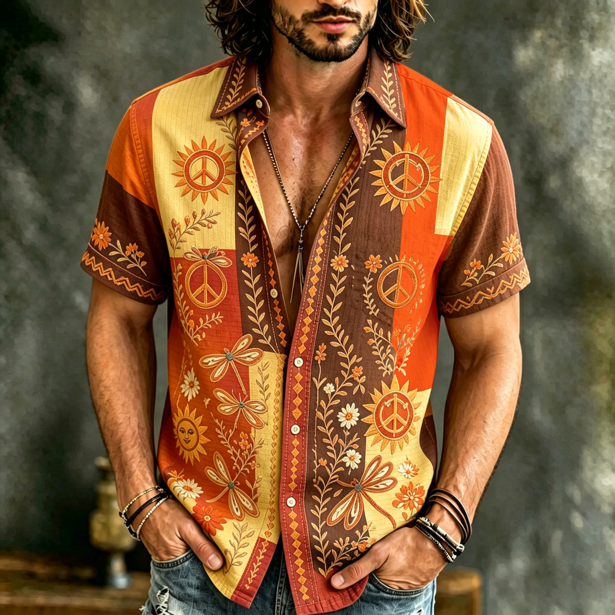 Men's Retro Hippie Floral Color Block Print Linen Short-sleeve Shirt