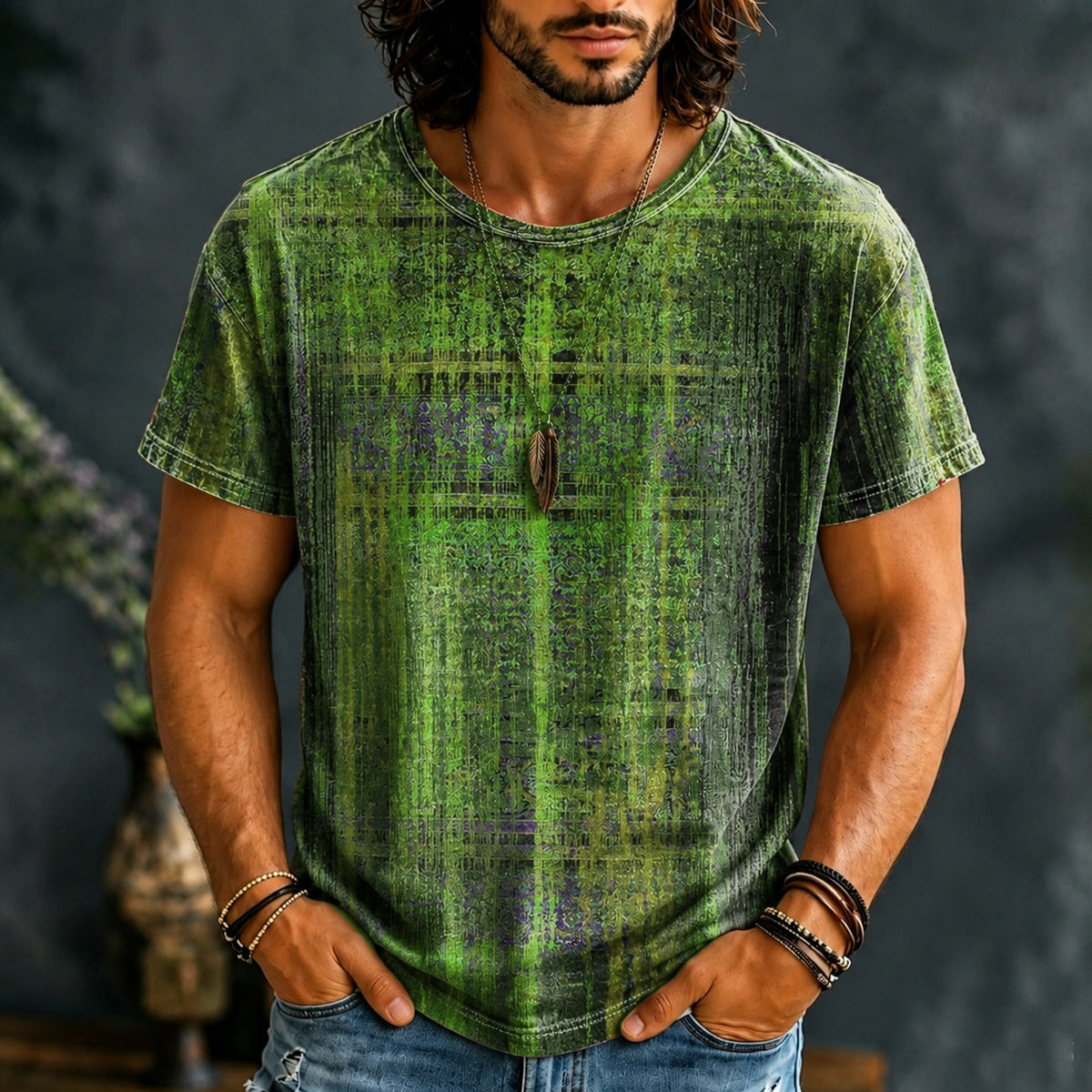 Men's Hippie Vintage Distressed Plaid Texture Print Short Sleeve T-shirt