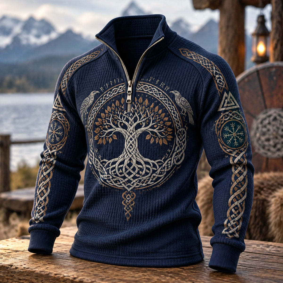 Men's Vintage Viking Yggdrasil Tree Of Life Raven Rune Quarter Zip Waffle Sweatshirt