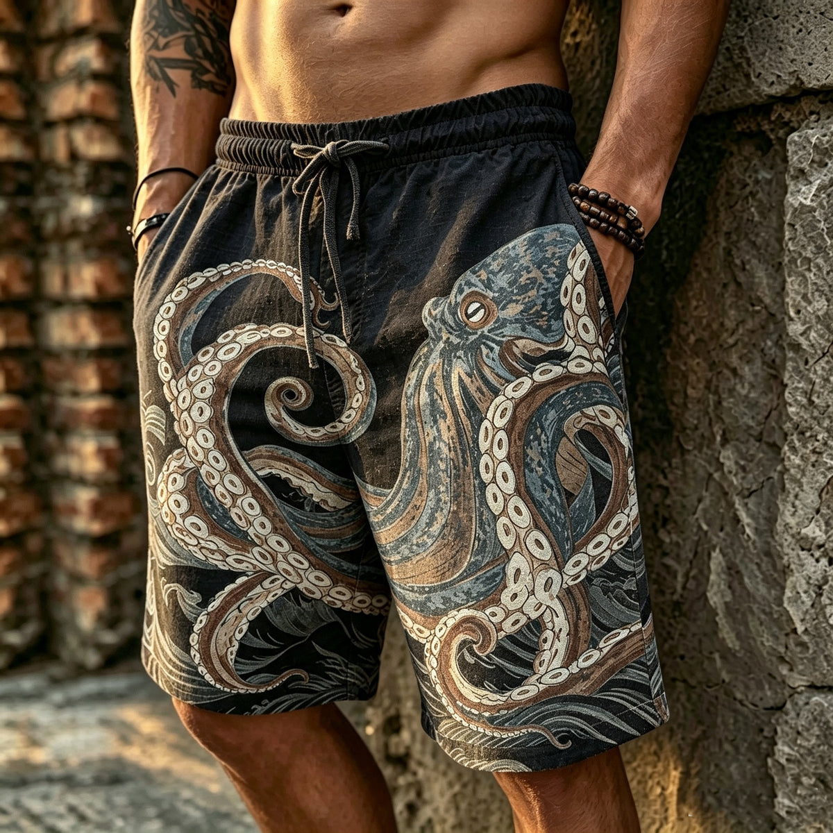 Men's Retro Japanese Art Octopus Print Linen Casual Shorts