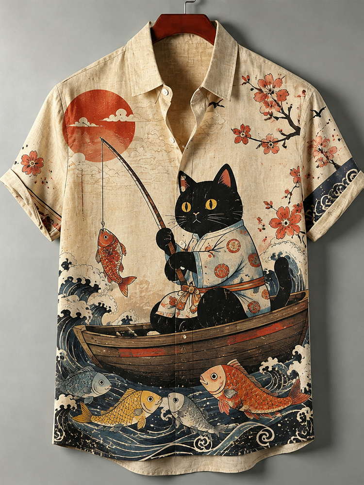 Men's Japanese Ukiyo-e Black Cat Fishing And Cherry Blossom Print Short Sleeve Shirt