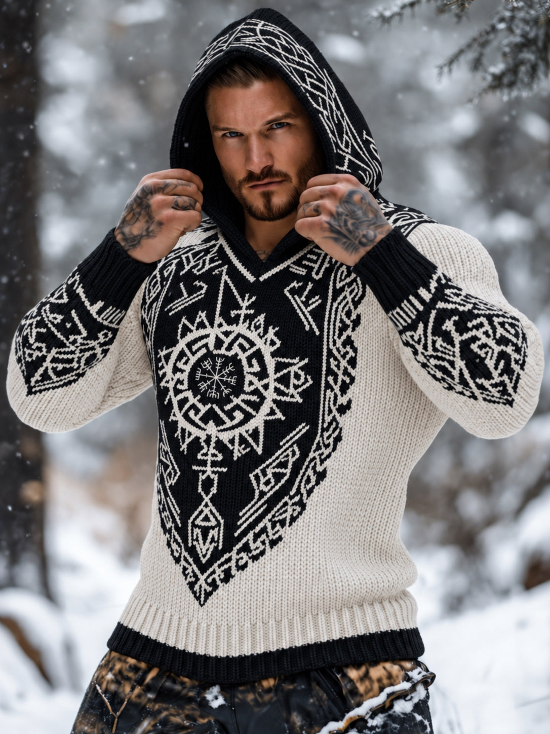 Men's Viking Tribal Celtic Inspired Printed Chunky Knit Hooded Sweater