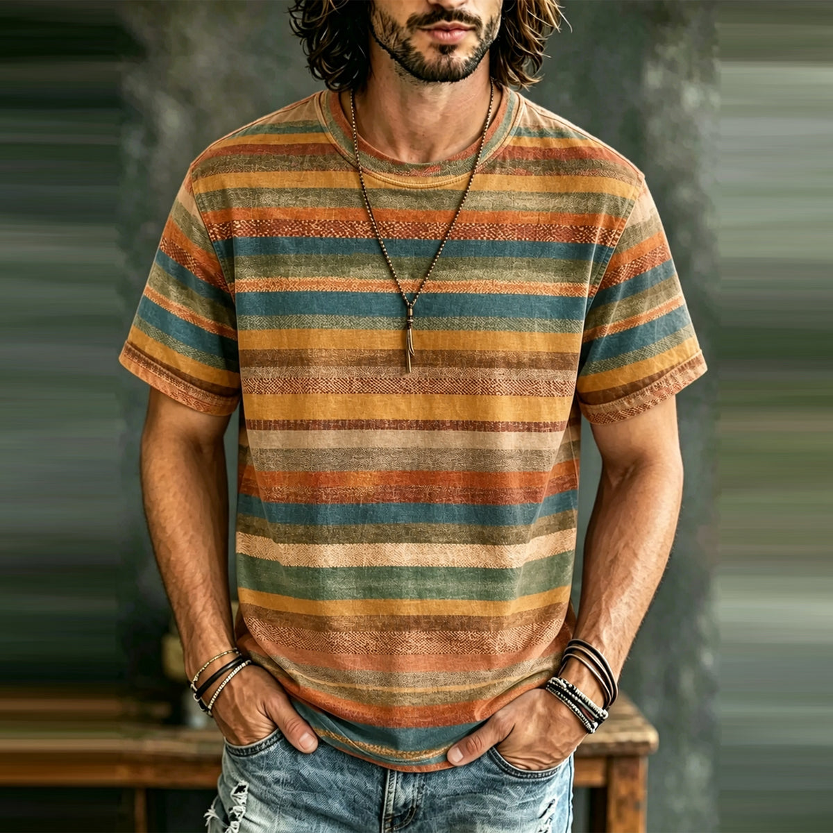 Men's Retro Hippie Abstract Stripe Art Print Casual T-shirt