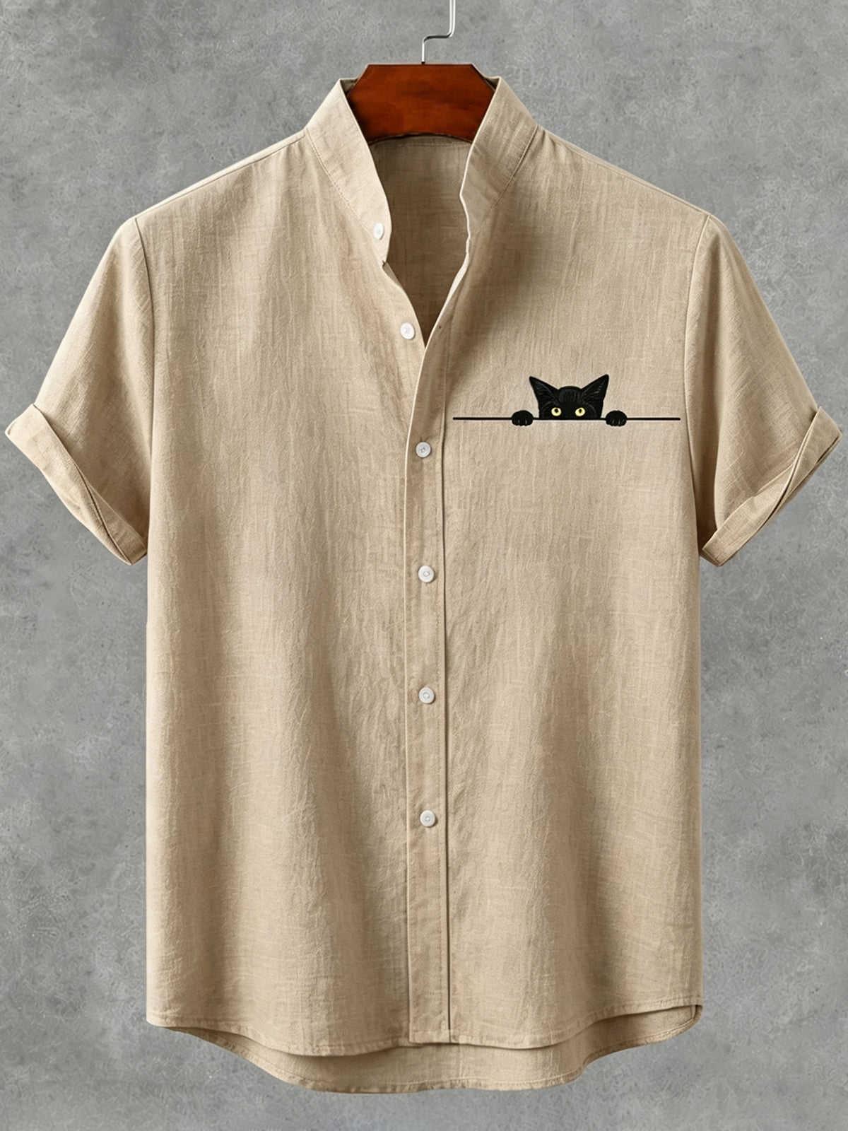 Vintage Black Cat Art Print Casual Linen Shirt