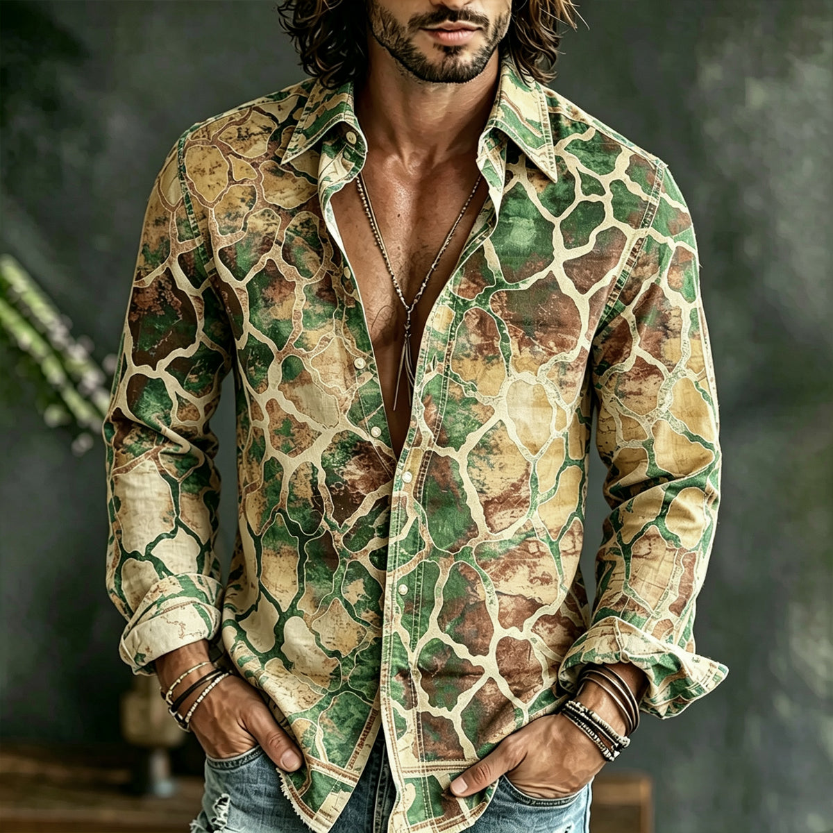 Men's Vintage Geometric Art Gradient Linen Long-sleeved Top