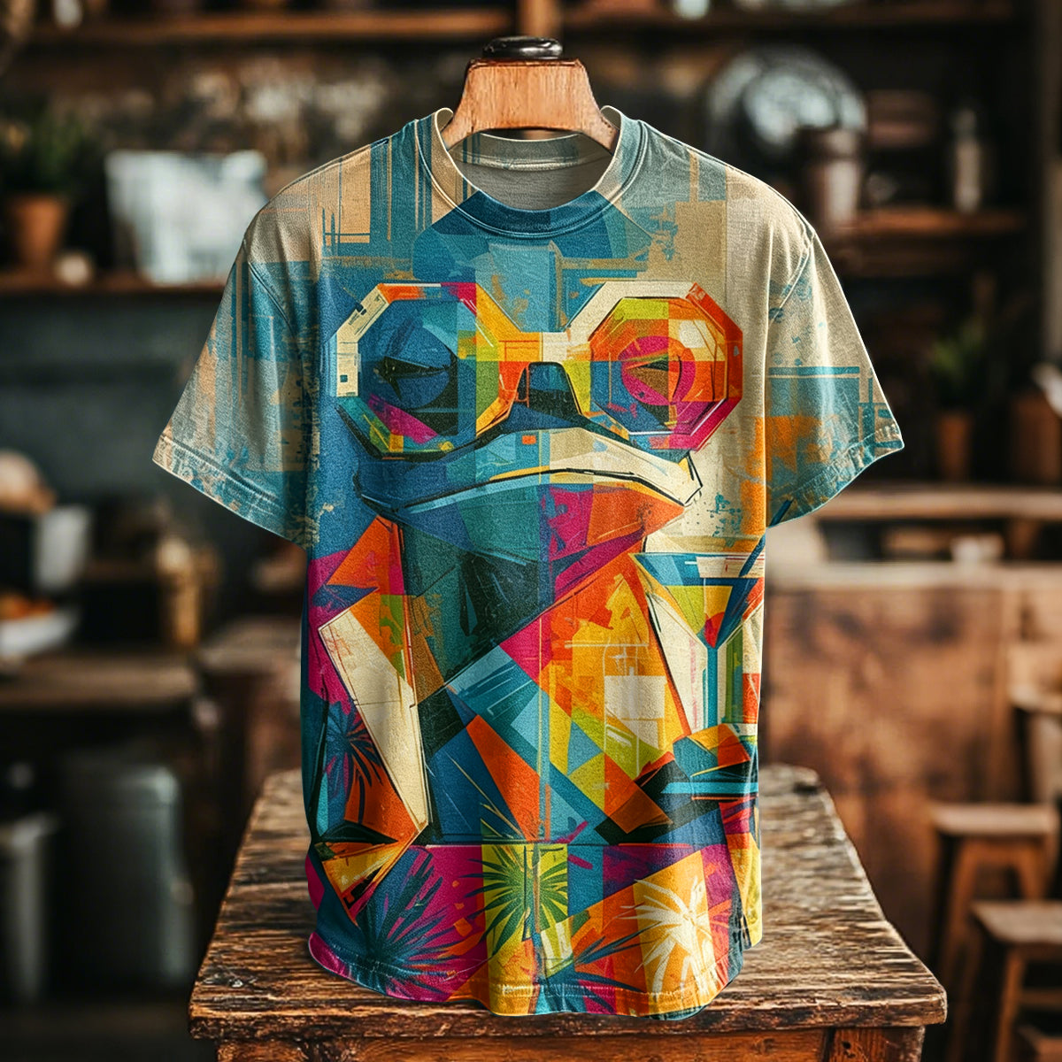 Men's Japanese-style Colorful Abstract Frog Art Pattern Casual T-shirt