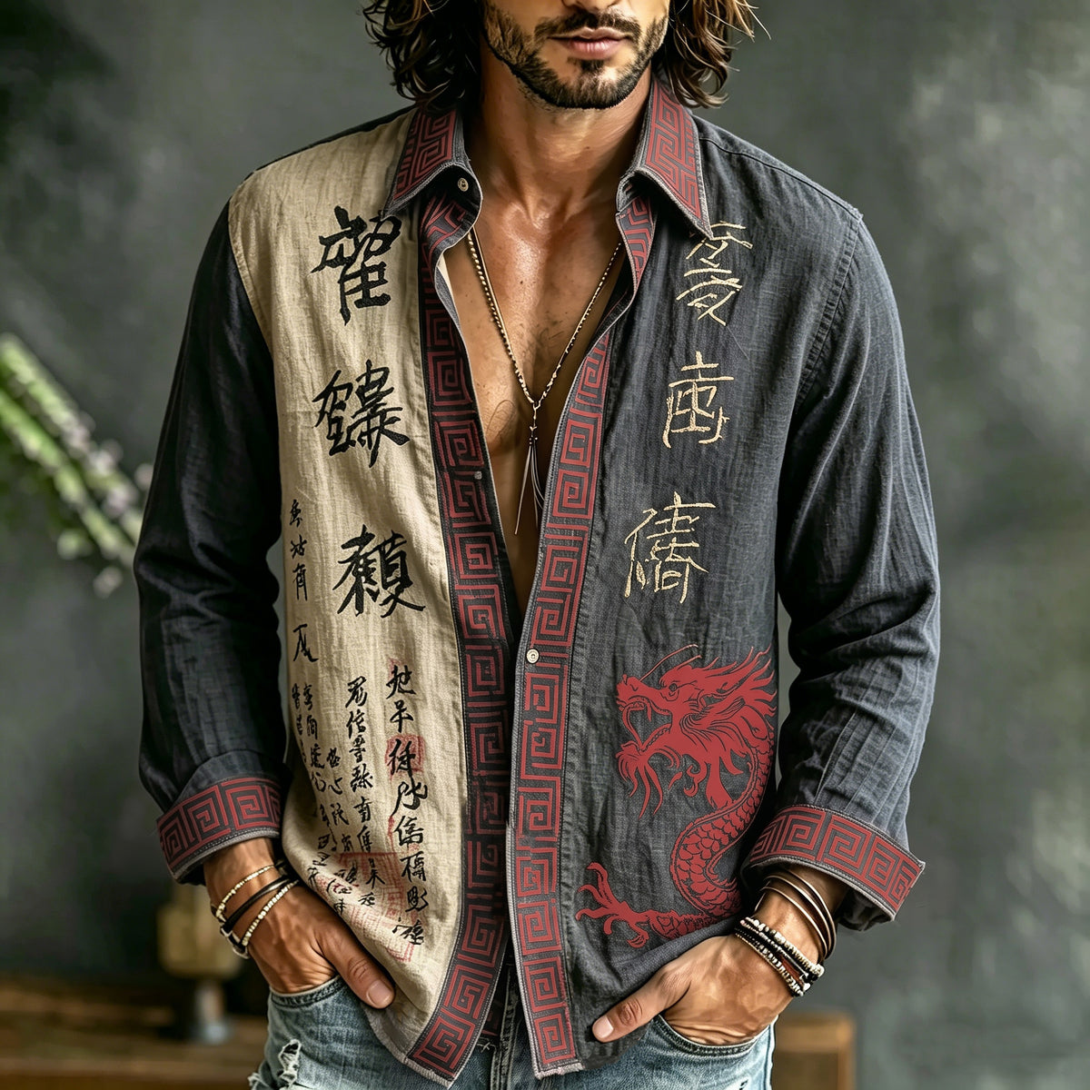 Men's Retro Japanese Calligraphy And Dragon Art Pattern Casual Linen Blend Shirt