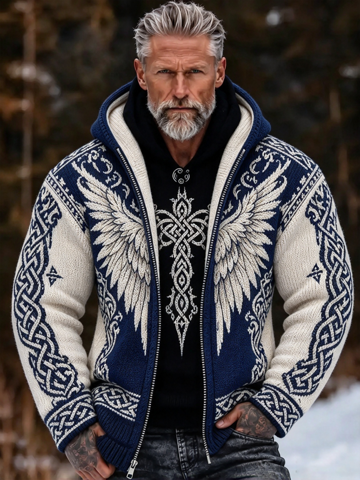 Men's Vintage Viking Wing Celtic Knot Cozy Warm Knitted Jacquard Zipper Hooded Sweater