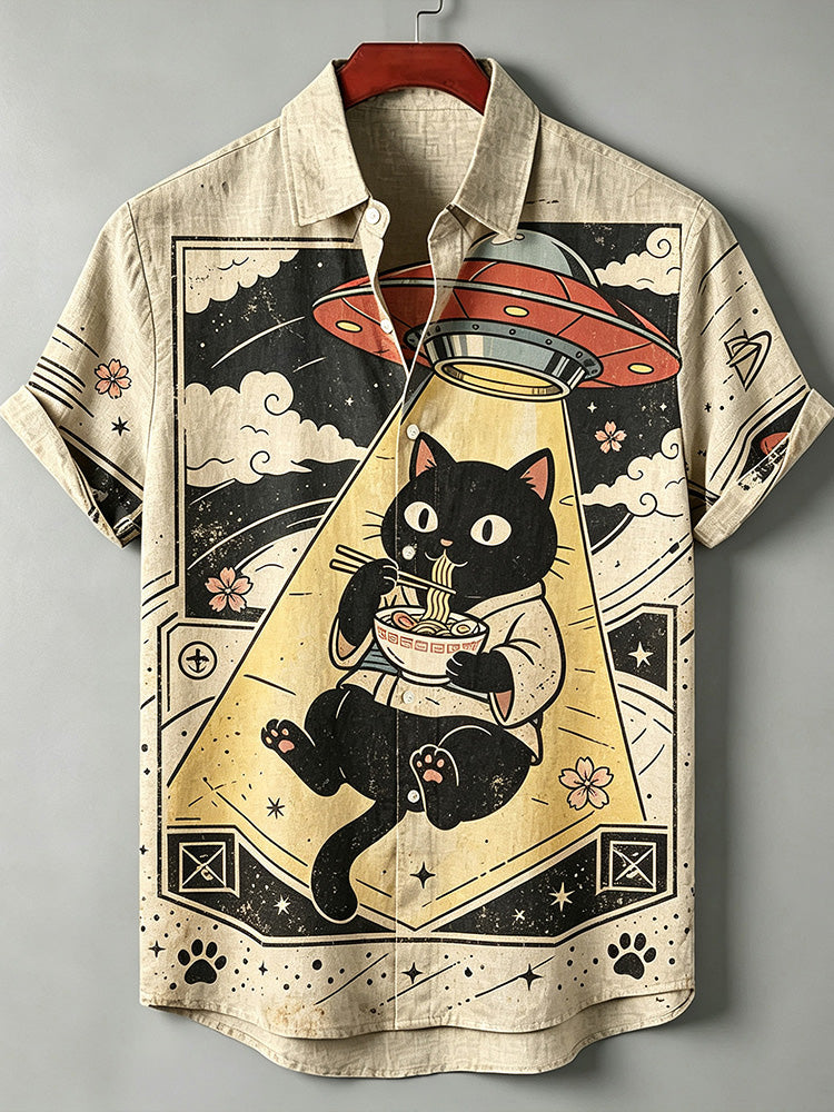 Retro Alien Ufo Black Cat Eating Ramen Japanese Print Casual Shirt