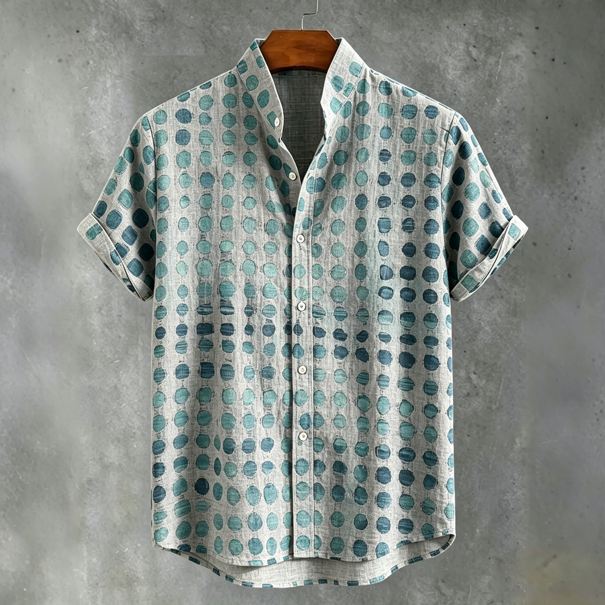 Abstract 70s Hippie Gradient Teal‑blue Distressed Oval‑dot Art Print Men's Short Sleeve Button Up Shirt