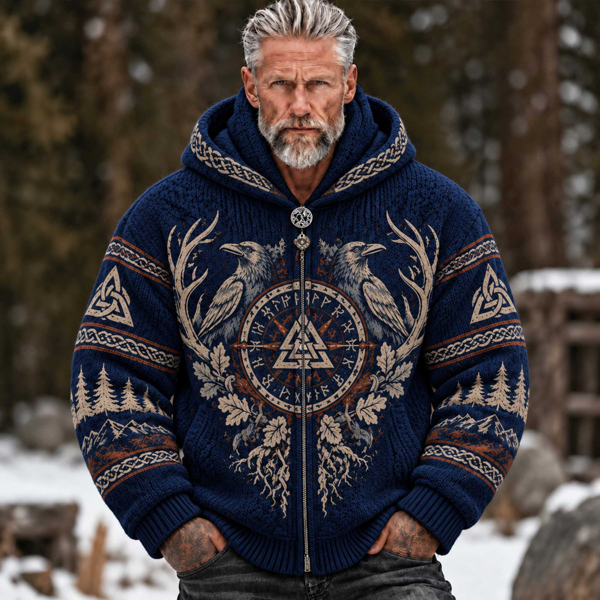 Men's Vintage Viking Norse Compass Raven Celtic Oak Leaf Mountain Graphic Winter Sweater