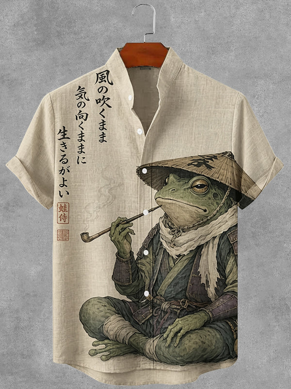 Vintage Japanese Frog Art Print Button Casual Linen Shirt