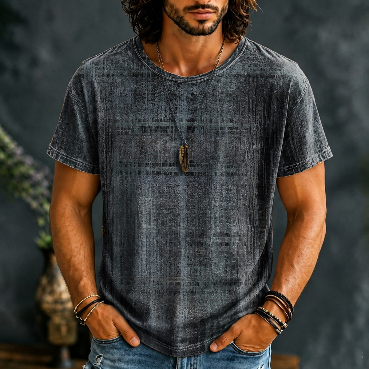Men's Hippie Vintage Distressed Plaid Texture Print Short Sleeve T-shirt