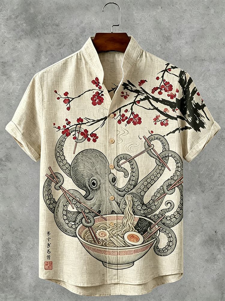 Men's Vintage Japanese Octopus Plum Blossom Art Print Button Casual Linen Shirt