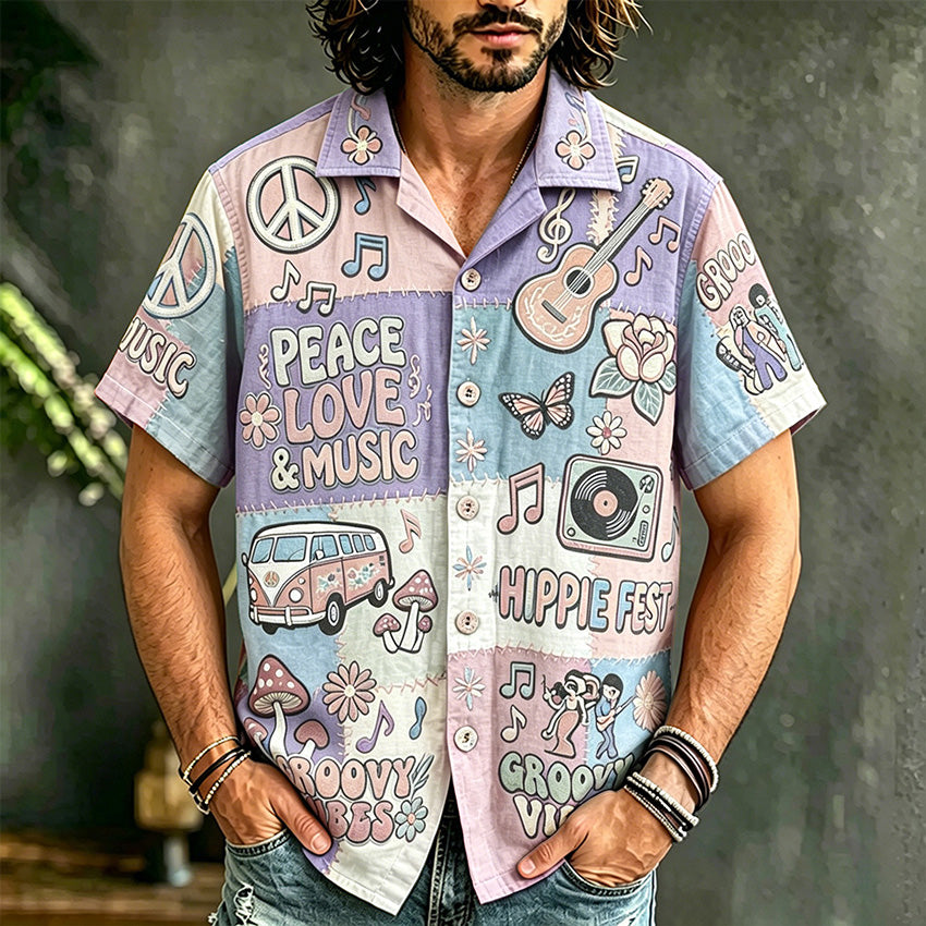 Men's Hippie Style Peace Love Music Patchwork Art Print Casual Shirt