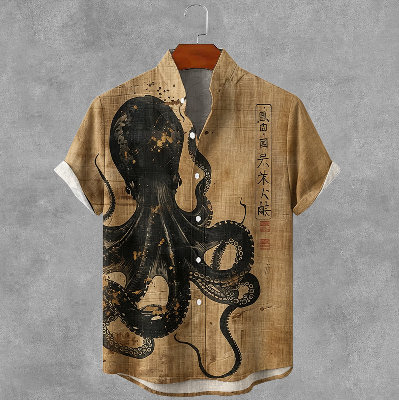 Vintage Japanese Octopus Art Print Button Casual Linen Shirt
