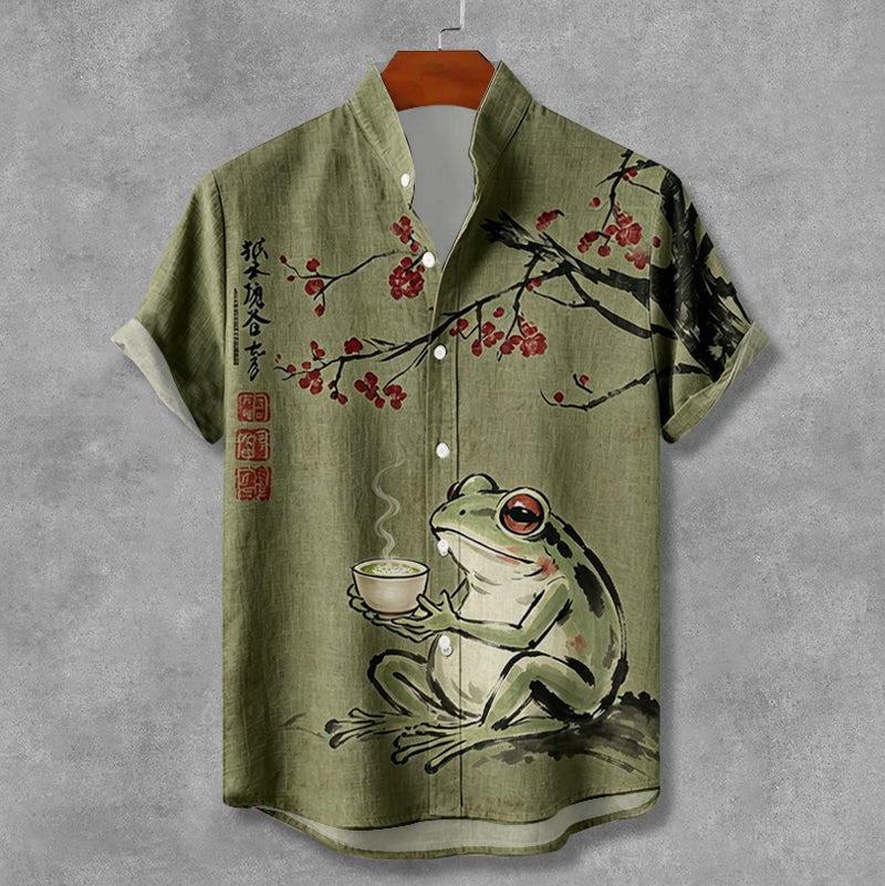 Men's Retro Frog Drinking Tea Under The Cherry Blossoms Pattern Linen Blend Casual Short-sleeve Shirt