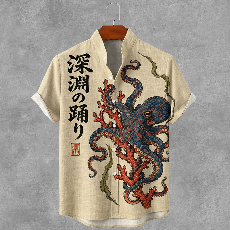 Vintage Japanese Octopus Art Print Casual Linen Shirt