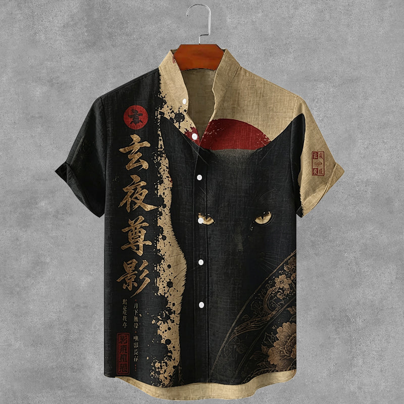 Vintage Japanese Black Cat Art Print Button Casual Linen Shirt