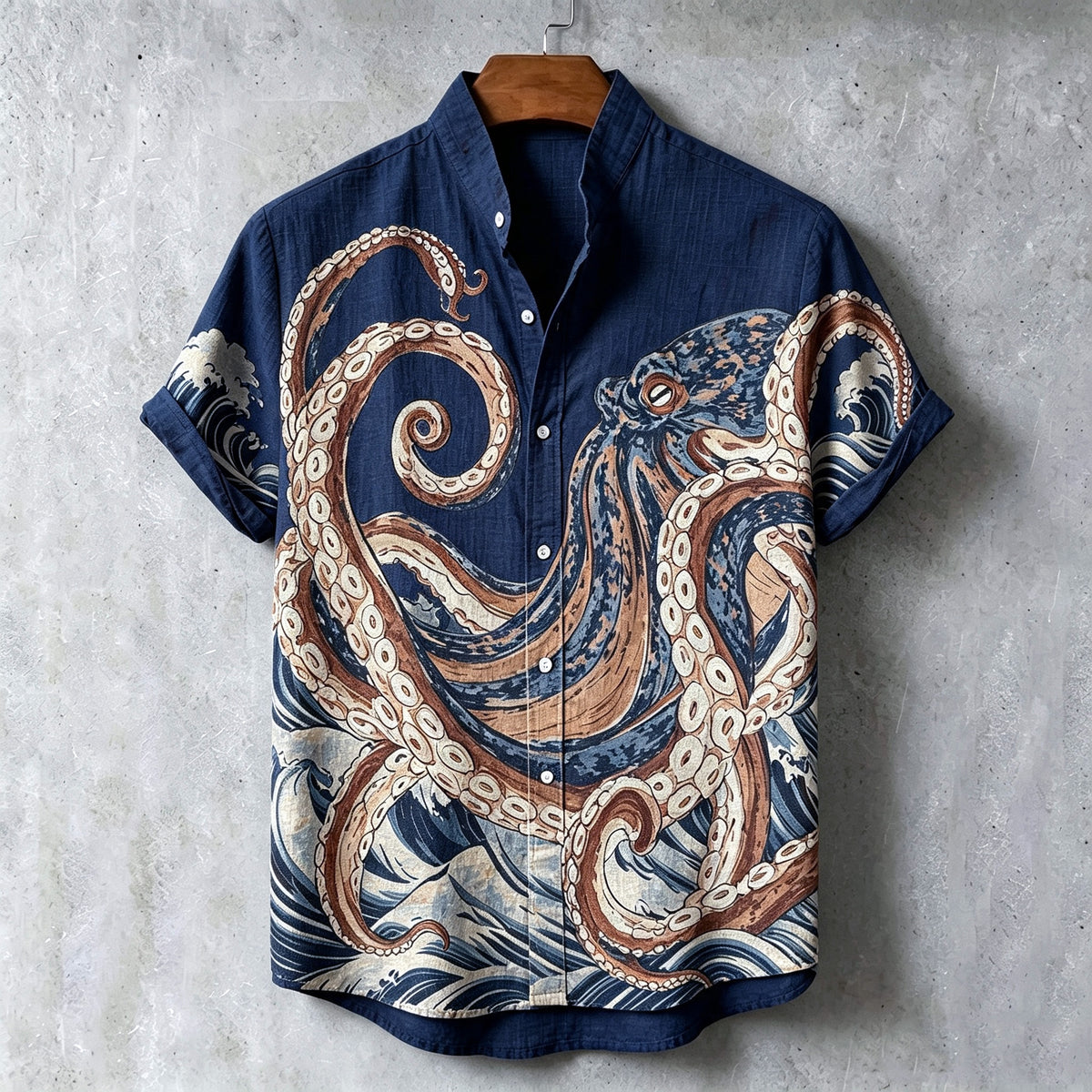 Men's Retro Japanese Art Octopus Print Linen Short-sleeve Shirt