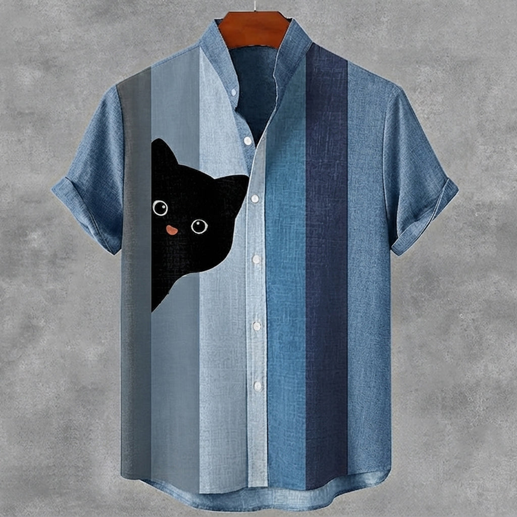 Men's Retro Colorful Striped Cat Art Pattern Casual Short-sleeve Shirt