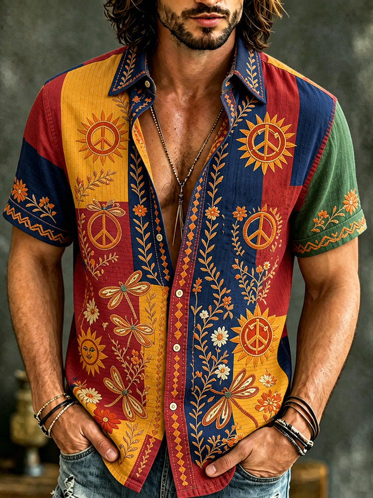 Men's Retro Hippie Floral Color Block Print Linen Short-sleeve Shirt