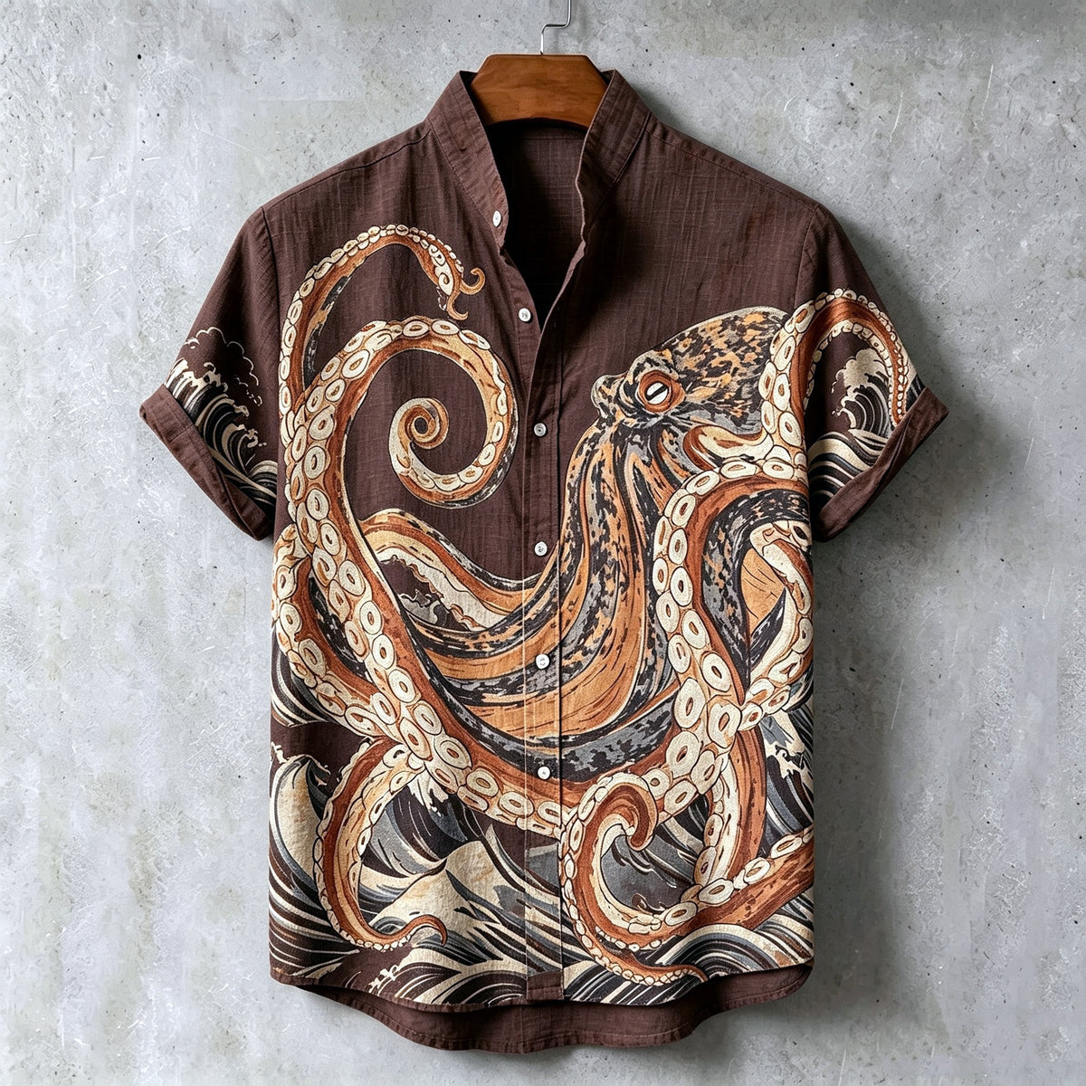 Men's Retro Japanese Art Octopus Print Linen Short-sleeve Shirt