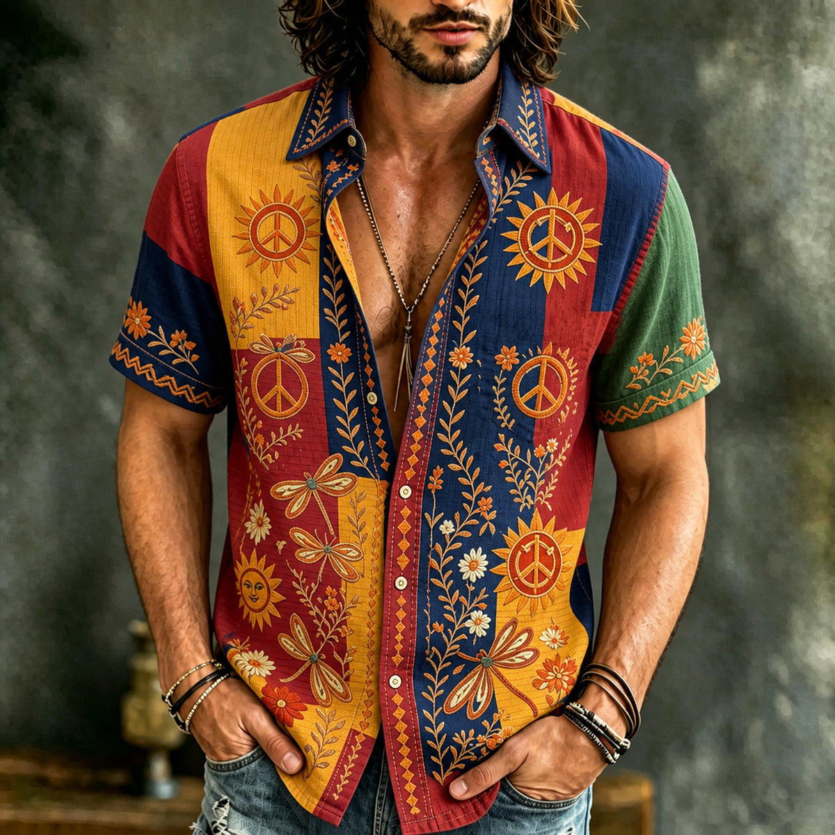Men's Retro Hippie Floral Color Block Print Linen Short-sleeve Shirt